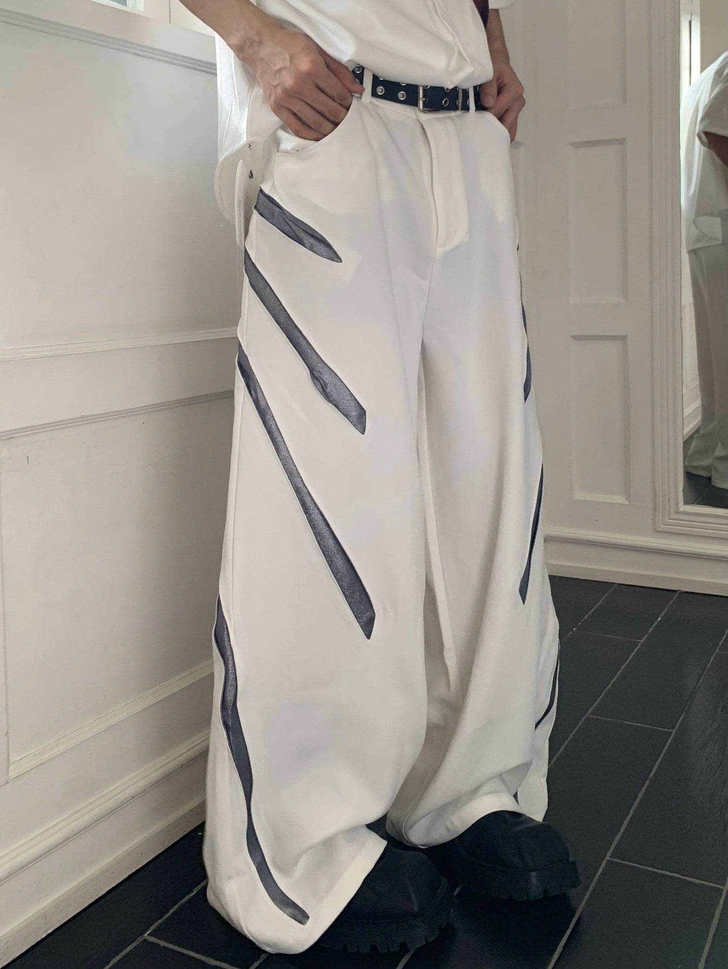 Paint Deconstructed Metal Short Sleeve Jacket & Paint Wide Leg Pants Setup WN19756