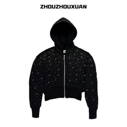 Rhinestone Star Short Zipper Hoodie WN20712