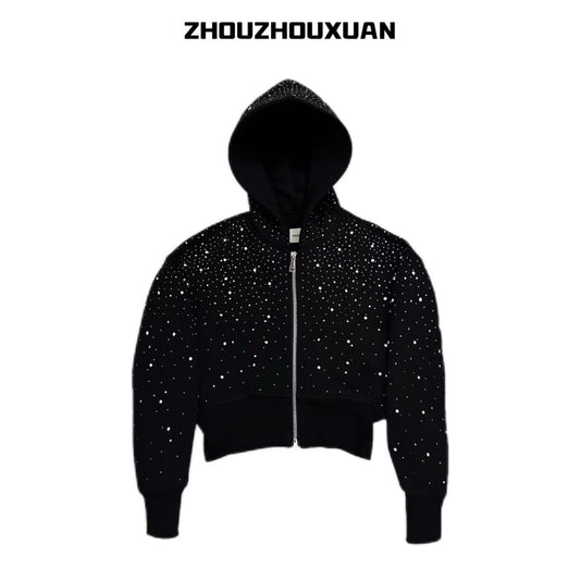 Rhinestone Star Short Zipper Hoodie WN20712