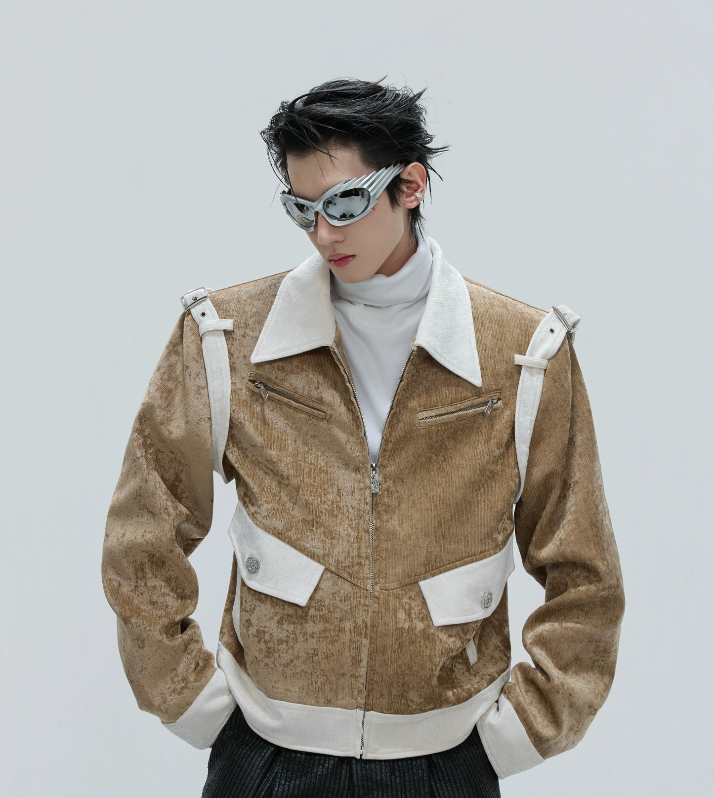 Colorblock Velvet Short Zipper Jacket WN21741