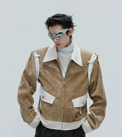 Colorblock Velvet Short Zipper Jacket WN21741