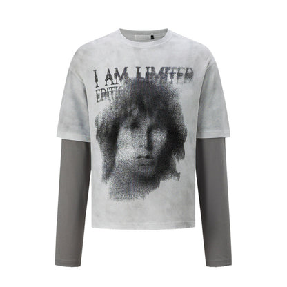 Fake Layered Portrait Print Damage Long Sleeve T-Shirt WN24281