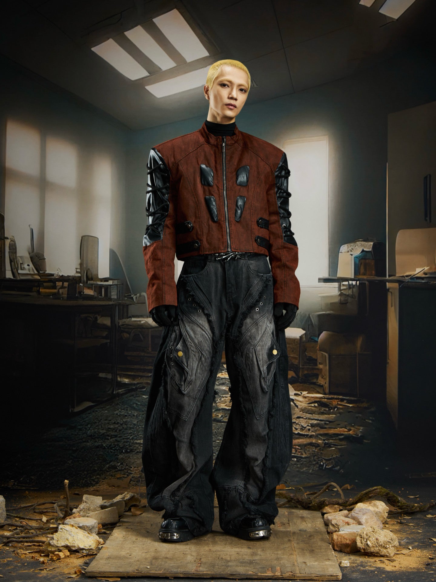 Deconstruction Raw Edge Wide Leg Curved Leg Denim Jeans WN22779