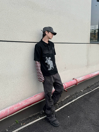 Fake Layered Stripe Long Sleeve Polo Shirt WN21159