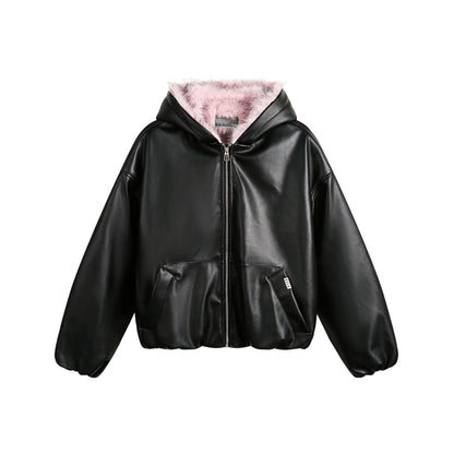 Fake Fur Lining Hooded PU Leather Jacket WN28066