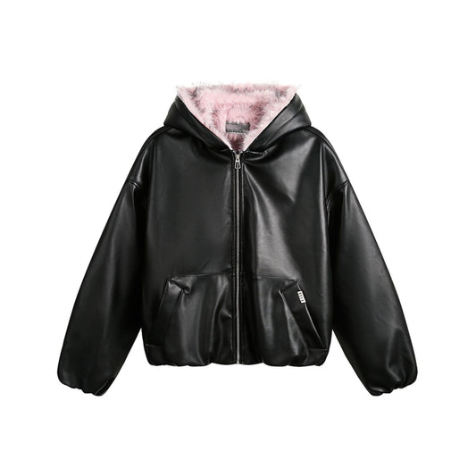 Fake Fur Lining Hooded PU Leather Jacket WN28066