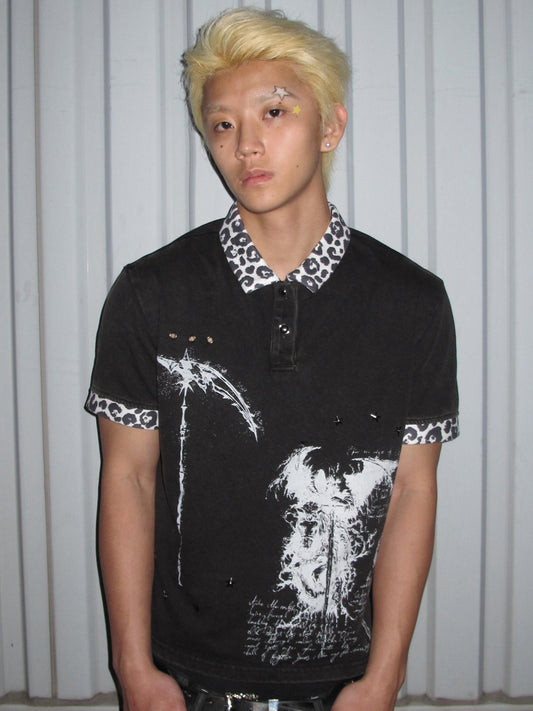 Leopard Collar Graphic Stud Short Sleeve Polo Shirt WN27152