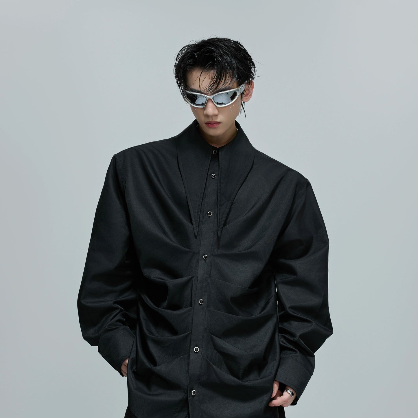 Deconstructed Pleats Scarf Collar Long Sleeve Shirt WN21697