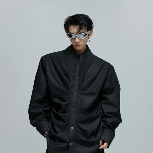 Deconstructed Pleats Scarf Collar Long Sleeve Shirt WN21697