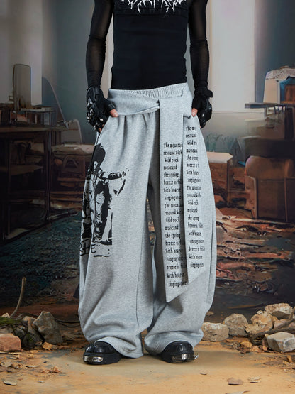 Letter Portrait Print Strap Wide Leg Sweatpants WN21353