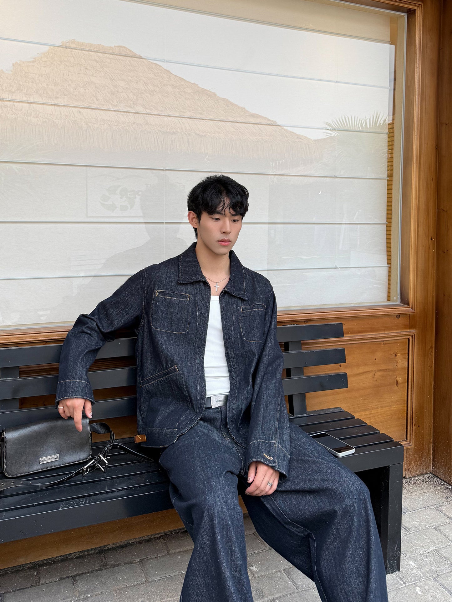 Contrast Stitch Denim Jacket & Wide Leg Denim Jeans Setup WN24924