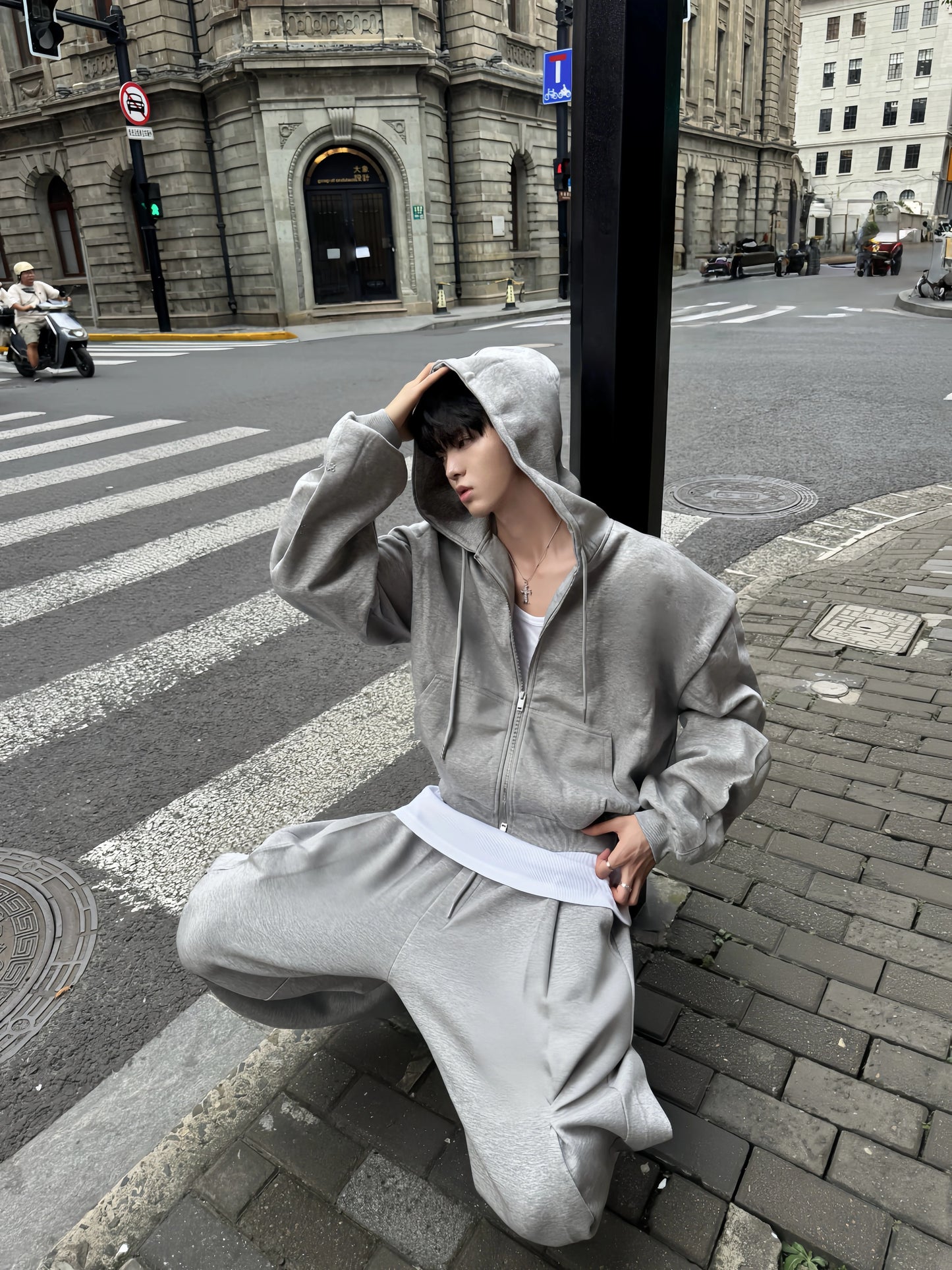 Shoulder-Pad Zipper Hoodie & Wide Leg Pants Setup WN20766