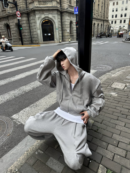Shoulder-Pad Zipper Hoodie & Wide Leg Pants Setup WN20766