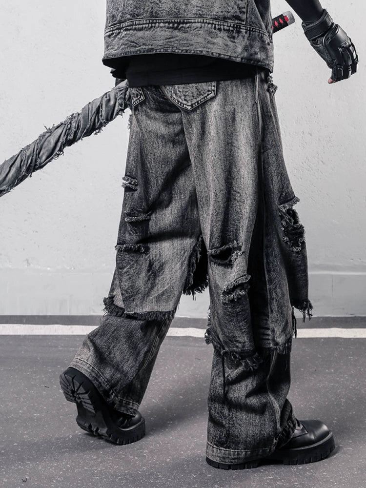 Tactical Fake Layered Damage Fringe Denim Jeans WN22418