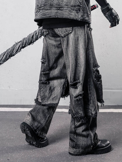 Tactical Fake Layered Damage Fringe Denim Jeans WN22418