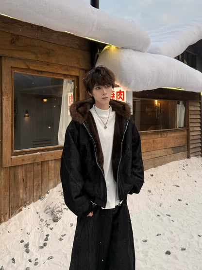 Fake Fur Collar Hooded Denim Jacket & Wide Leg Denim Jeans Setup WN23190