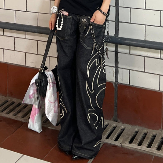 Flame Print Wide Leg Denim Jeans WN24081