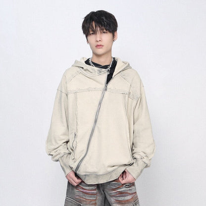 Oversize Diagonal Zip Patchwork Washed Hoodie WN24441