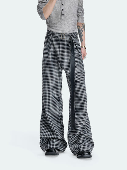 Plaid Pleats Adjustable Strap Wide Leg Trousers WN27047
