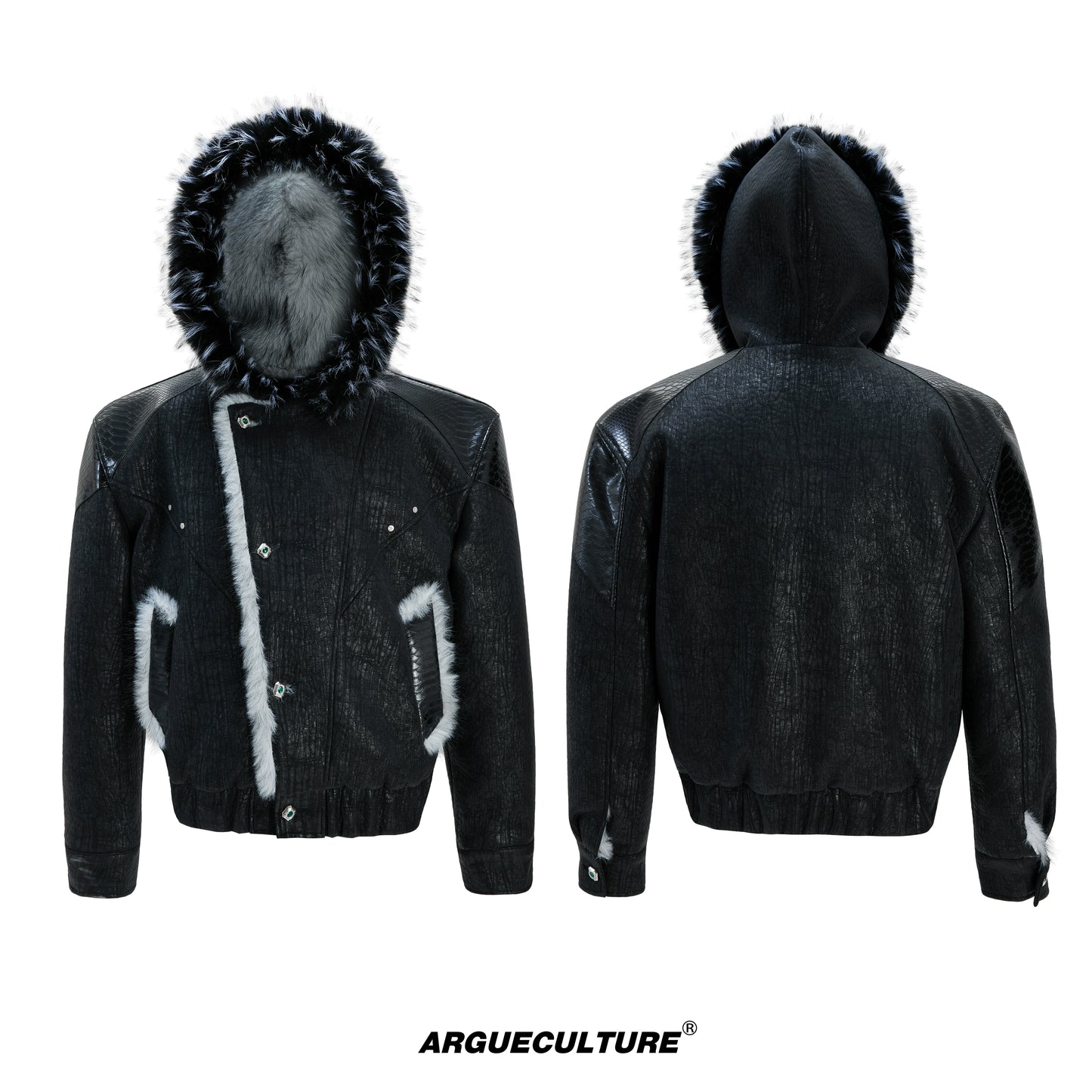 Fake Fur Collar Colorblock PU Leather Hooded Puffer Jacket WN22601