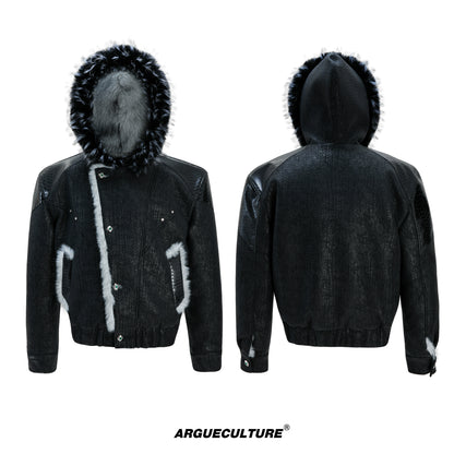 Fake Fur Collar Colorblock PU Leather Hooded Puffer Jacket WN22601