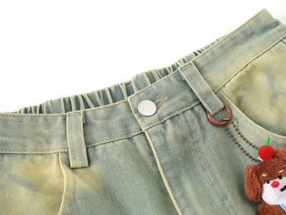 Cartoon Embroidery Wide Leg Denim Jeans WN26969