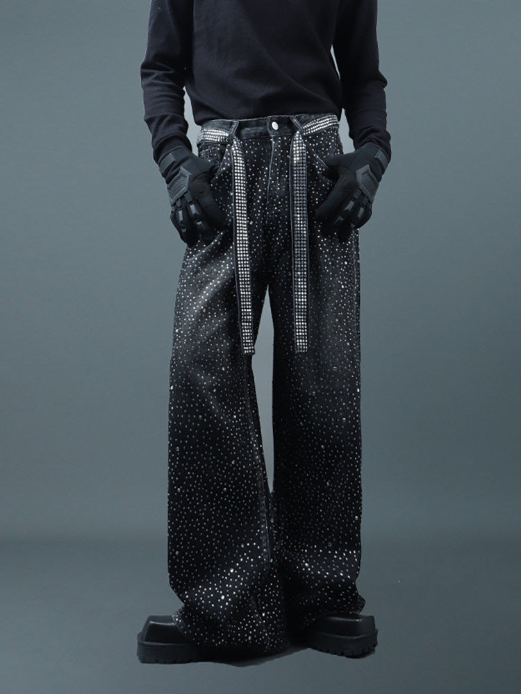 Rhinestone Star Design Washed Ribbon Wide Leg Denim Jeans WN23768