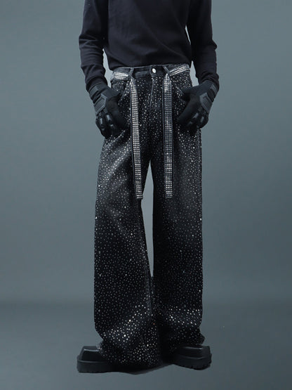 Rhinestone Star Design Washed Ribbon Wide Leg Denim Jeans WN23768