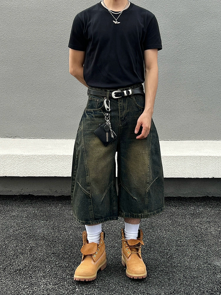 Deconstructed Washed Wide Leg Half Denim Jeans WN19569