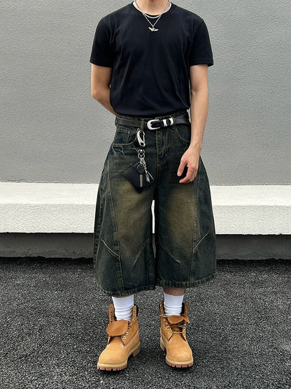 Deconstructed Washed Wide Leg Half Denim Jeans WN19569