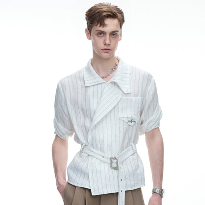 Asymmetric Stripe Waist-Tie Metal Buckle Short Sleeve Shirt WN27031