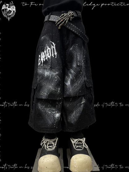 Cropped Paint Graffiti Cargo Wide Leg Denim Jeans & Skull Belt & Cross Belt & Belt Chain WN23810