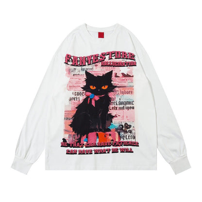 Black Cat Print Oversize Long Sleeve T-Shirt WN8401