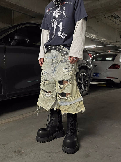 Double Waistband Mud Dye Damage Washed Straight Half Denim Jeans WN16306