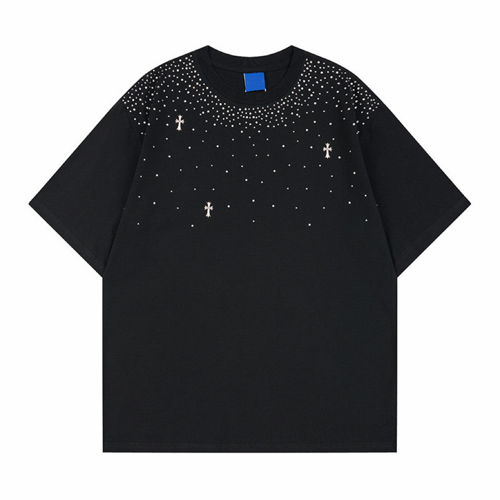Oversize Rhinestone Cross Print Short Sleeve T-Shirt WN24445
