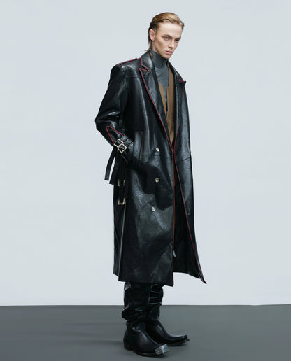 Crocodile Texture Shoulder-Pad Belted PU Leather Long Coat WN21735