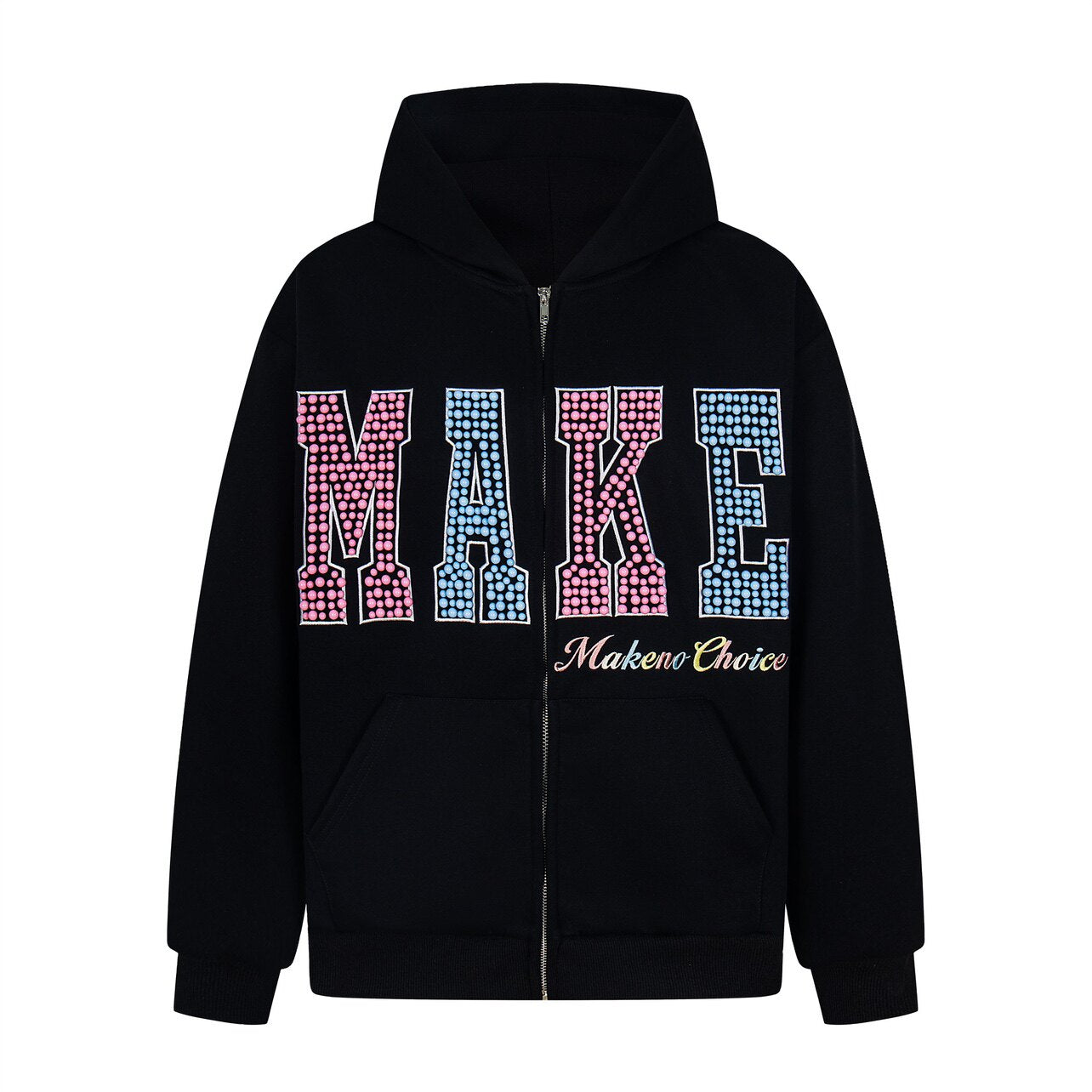 Letter Pearl Embroidery Zipper Hoodie WN24453