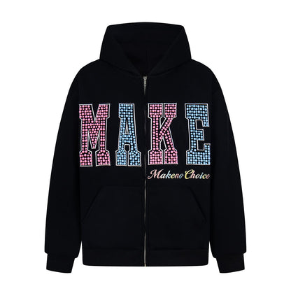 Letter Pearl Embroidery Zipper Hoodie WN24453