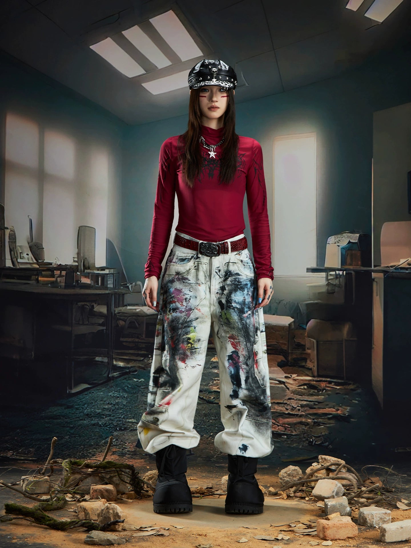 Rock Graffiti 3D Print Wide Leg Denim Jeans WN20556