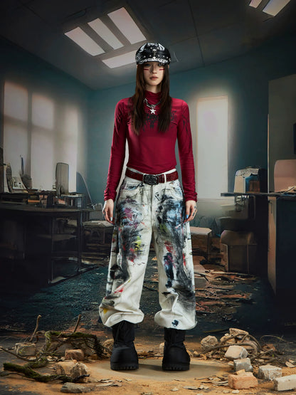 Rock Graffiti 3D Print Wide Leg Denim Jeans WN20556