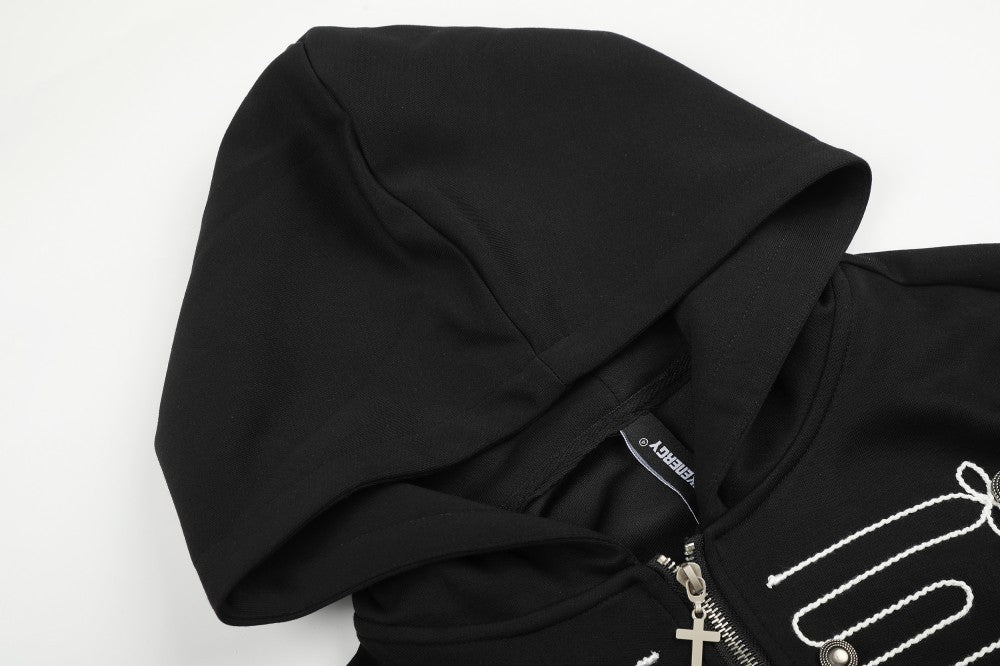 Knot Embroidery Metal Stud Cross Zipper Hoodie WN27796