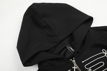 Knot Embroidery Metal Stud Cross Zipper Hoodie WN27796