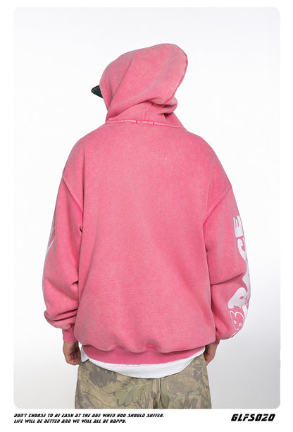 Washed Letter Print Zipper Hoodie WN26512