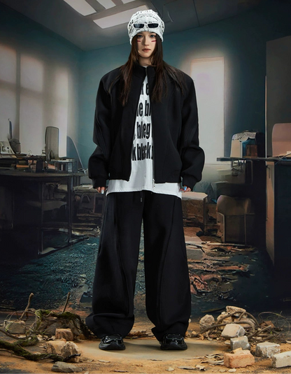 Deconstructed Oversize Zipper Stand Neck Jacket & Wide Leg Pants Setup WN20586