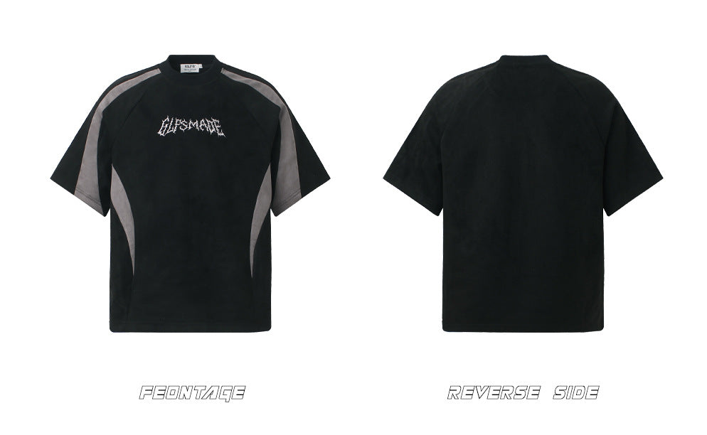 Heavyweight Suede Panel Embroidery Short Sleeve T-Shirt WN26494