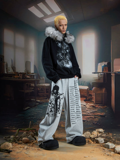 Letter Portrait Print Strap Wide Leg Sweatpants WN21353