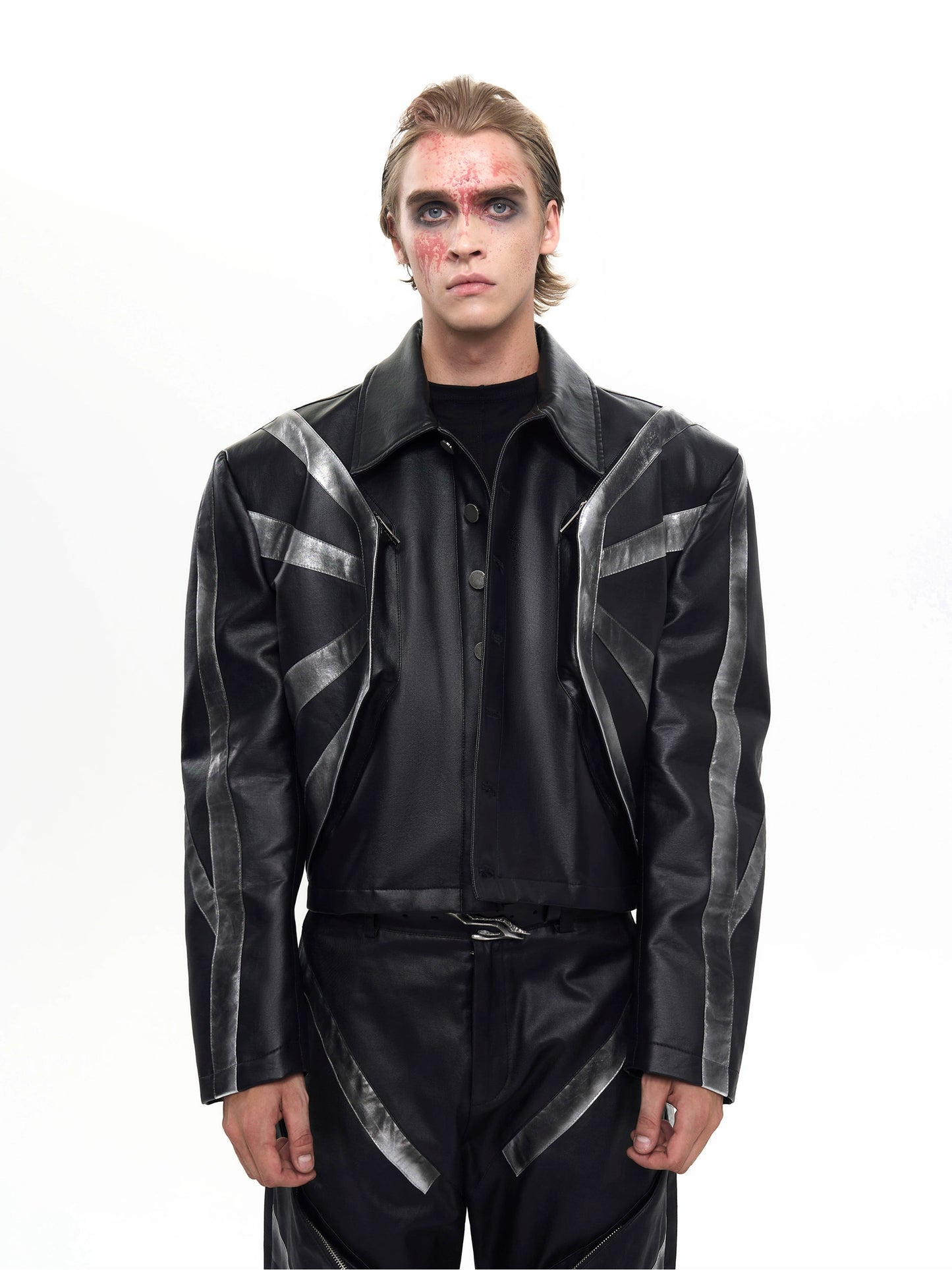 Patchwork Oversize PU Leather Jacket & PU Leather Pants Setup WN20510