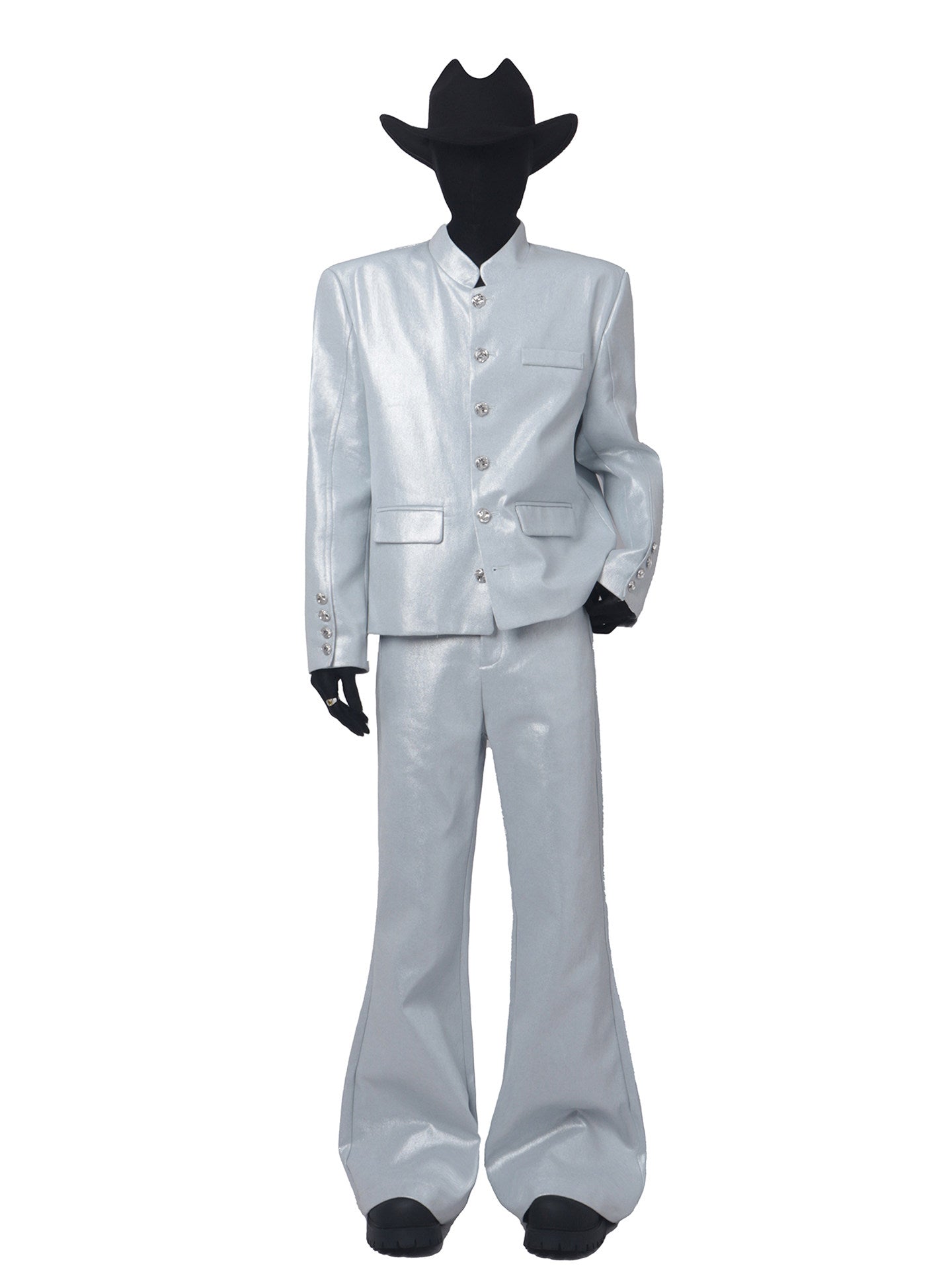 Glossy Standing-Collar Short Tailored Jacket & Wide Leg Flare Trousers Setup WN23749