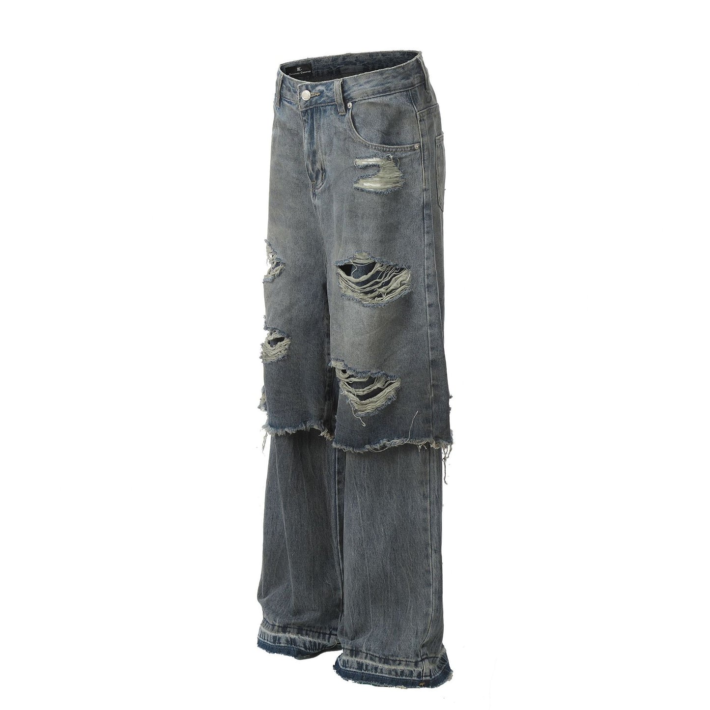 Fake Layered Damage Wide Leg Denim Jeans WN26025