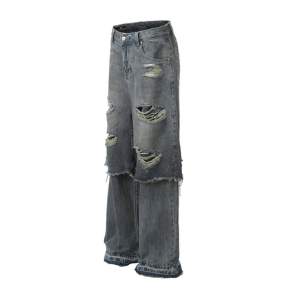 Fake Layered Damage Wide Leg Denim Jeans WN26025